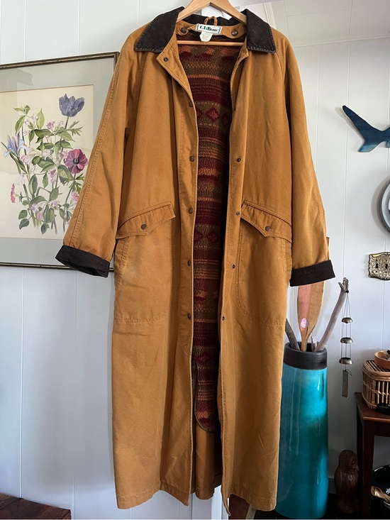 L.L. Bean Jackets & Blazers - Vintage LL Bean Sherpa Lined Aztec Duster Coat Canvas Chore Rancher Tan Trench